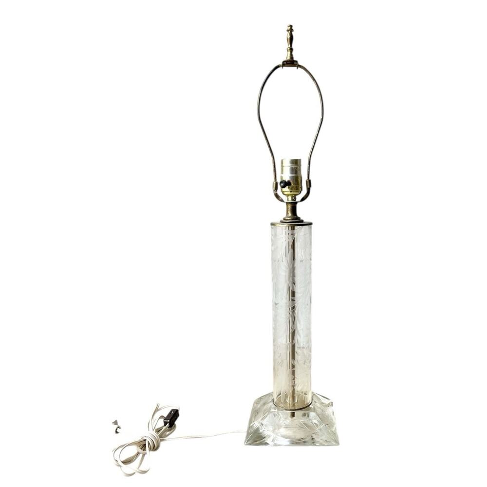 1940s Vintage Etched Cut Floral Flower Glass Cylinder Brass Table Lamp 25”